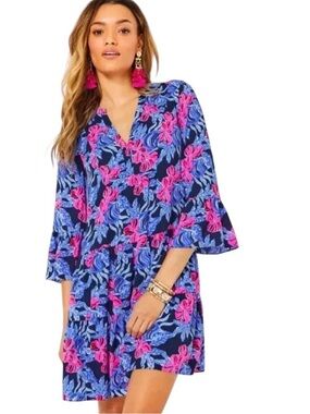 Lilly Pulitzer Gabriel Floral Tiered Mini Dress in Low Tide Navy Size 00
